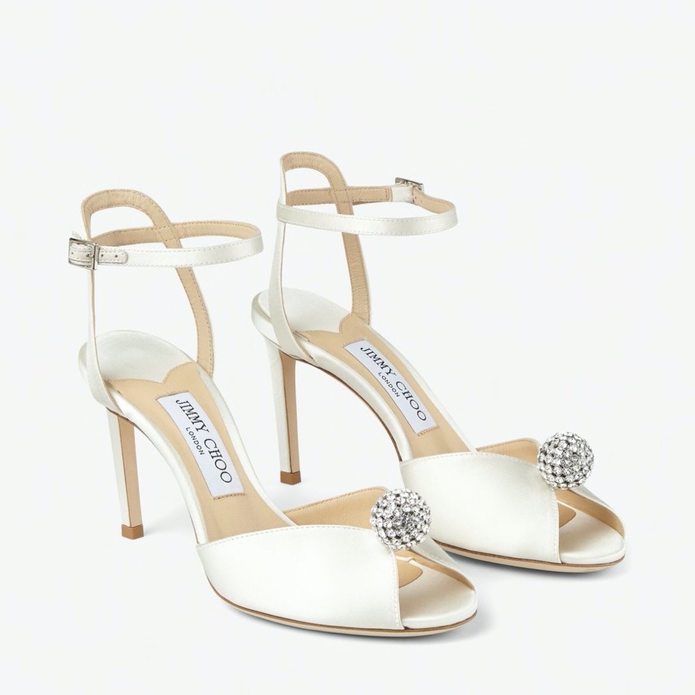 Jimmy Choo Sacora 85mm  Ivory Satin Sandals with Crystal-Embellished Sphere